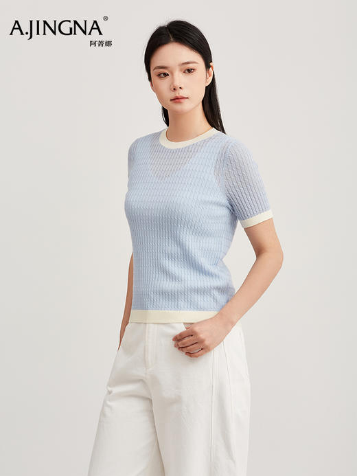 【针织短袖】阿菁娜春季新款小香风短袖针织衫撞色包边圆领设计绞花肌理立体有型F31C301009 商品图1