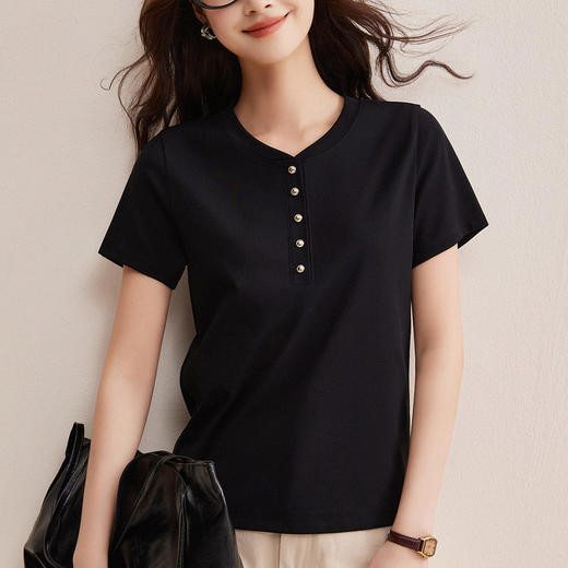 长绒棉80支丝光棉短袖t恤女白色亨利领夏季排扣高级正肩体恤荃棉   BY-W35 商品图1