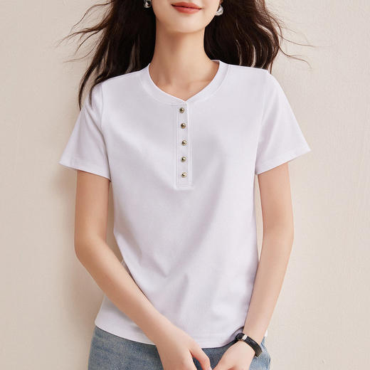 长绒棉80支丝光棉短袖t恤女白色亨利领夏季排扣高级正肩体恤荃棉   BY-W35 商品图2