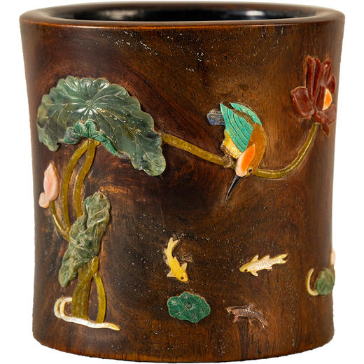 清	黄花梨百宝嵌花鸟诗文笔筒 商品图5