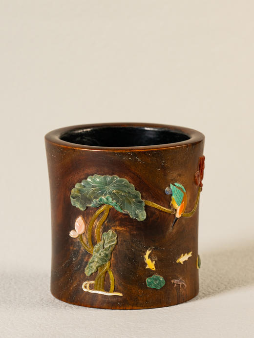 清	黄花梨百宝嵌花鸟诗文笔筒 商品图0