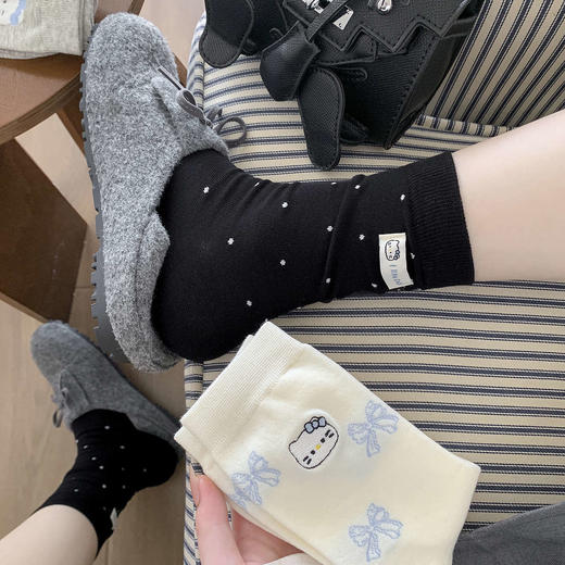 4双一组！春夏季可爱kt猫咪中筒棉质女袜韩版少女风百搭纯色长袜 商品图5