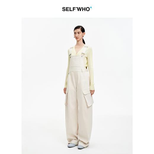 SELFWHO棉混纺卡其色可调节背带牛仔连体裤2026季新款宽松弯刀裤 商品图1