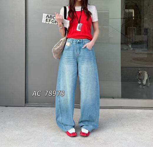 F030677复古水洗蓝松紧后腰设计宽松锥形牛仔裤 商品图8