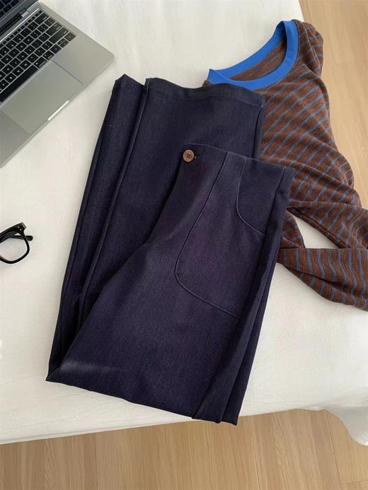 F030675深蓝色窄版牛仔裤烟管裤气质老钱风普洗蓝高腰直筒休闲裤 商品图6