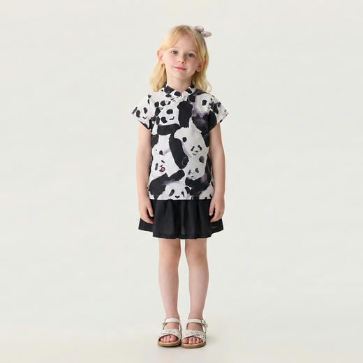 马克珍妮水墨熊猫女童新中式亚麻小衫2026年夏装新款561053 商品图2