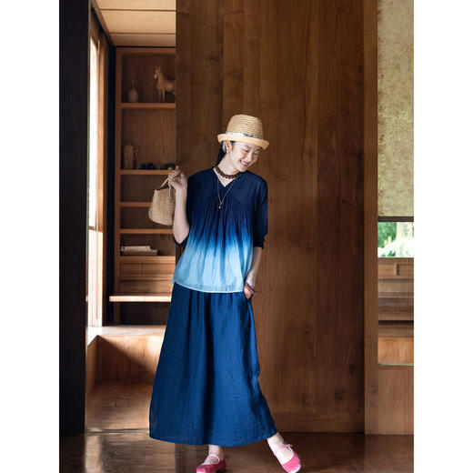 艺术家联名款 牧衣游原创吊蓝染丝棉小衫古朴文艺植物染上衣 寻途 商品图3