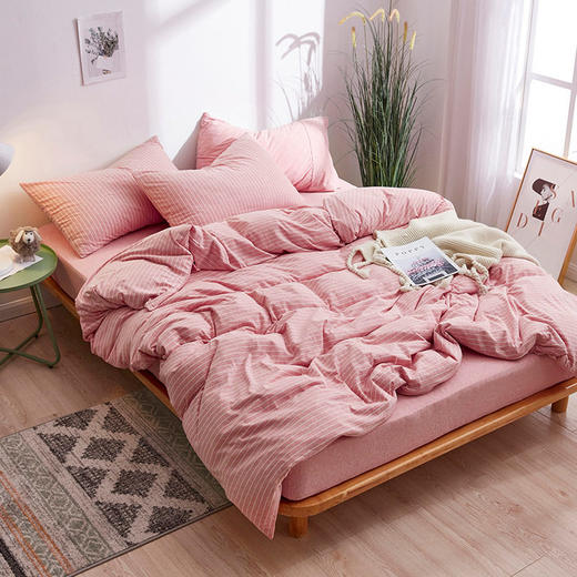 无印西川裸睡良品天竺棉四件套条纹针织棉床上全棉床品床笠床单 商品图2