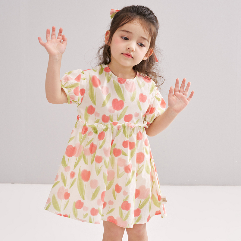 笛莎/Deesha 【松饼熊】2026年夏季新款女童泡泡袖水彩风花朵印花棉布连衣裙