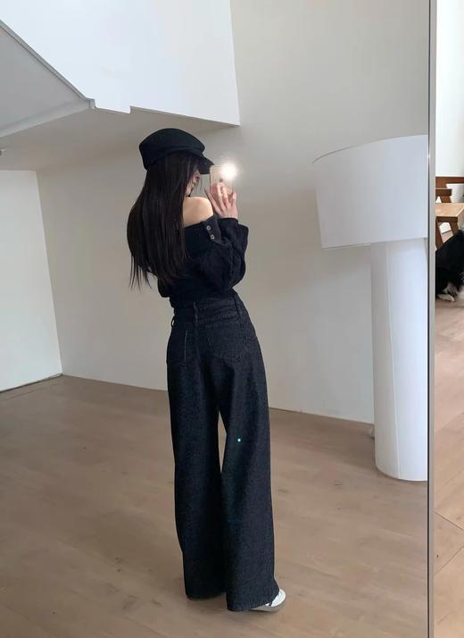 F030680做旧黑灰色高腰设计豹纹慵懒阔腿牛仔裤 商品图3