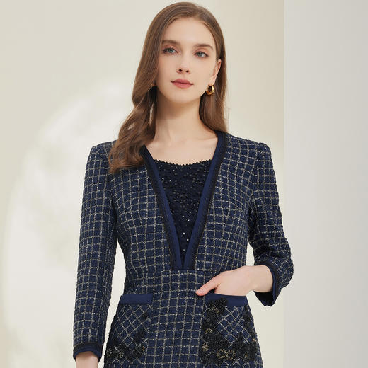 MA802斯尔丽2022年春季新款v领假两件小香风钉珠A摆连衣裙 商品图4