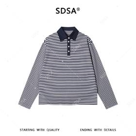 SDSA男装2026新款高贵轻奢韩版复古拼色翻领条纹长袖T恤时尚上衣