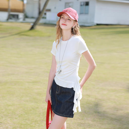 【莱赛尔瘦瘦T】三彩独醒2026春季新款圆领荷叶边T恤修身短款女F 商品图2