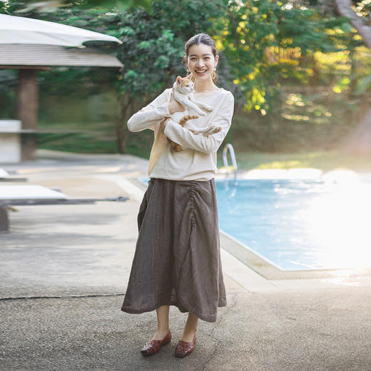 特绽放128朵/斜裁花纱T*桑蚕丝棉花纱一字领不对称下摆长袖T恤女 商品图3