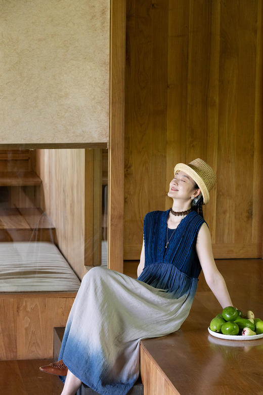 艺术家联名款 牧衣游原创吊蓝染亚麻无袖连衣裙禅意古朴文艺 诗诺 商品图5