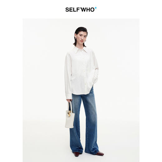 SELFWHO醋酯混纺不规则拼接条纹衬衫女2026春季新款翻领宽松上衣 商品图2