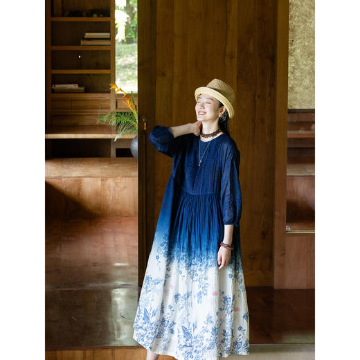 艺术家联名款 牧衣游原创手作植物吊蓝染印花苎麻连衣裙宽松 云深 商品图3