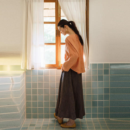 绽放159朵/色织条纹亚麻全腰松紧大摆两侧可抽绳半身裙女新款百搭 商品图3