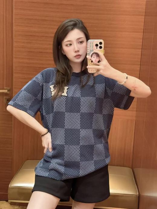 驴家 25ss镶钻logo棋盘格针织短袖 男女同款 蓝色/棕色（DY） 商品图0