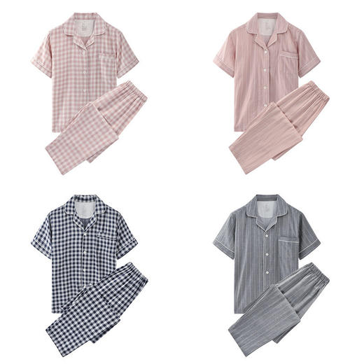 日式无印家居服良品短袖双层纱全棉套装短袖短裤套装格子情侣 商品图2