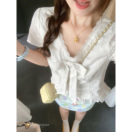 <曾小咸推荐>韩系v领蝴蝶结短袖衬衫女上衣 商品图2