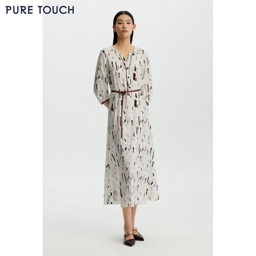 PURE TOUCH女装26夏新款印花连衣裙七分灯笼袖弹力斜纹蚕丝中长裙 商品图1
