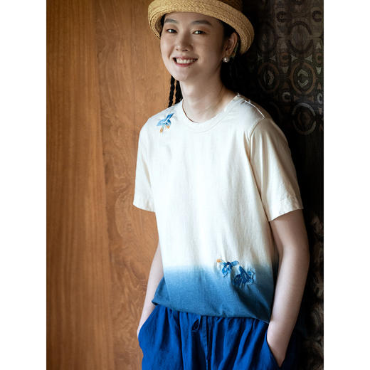 牧衣游原创 手工刺绣吊染T恤女新款舒适宽松休闲百搭短袖 山鸟作 商品图2