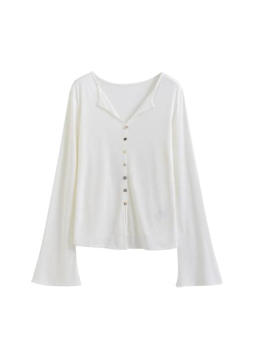 F030607慢氧时光天丝醋酸羊毛贝壳修身V领喇叭袖打底衫 商品图9