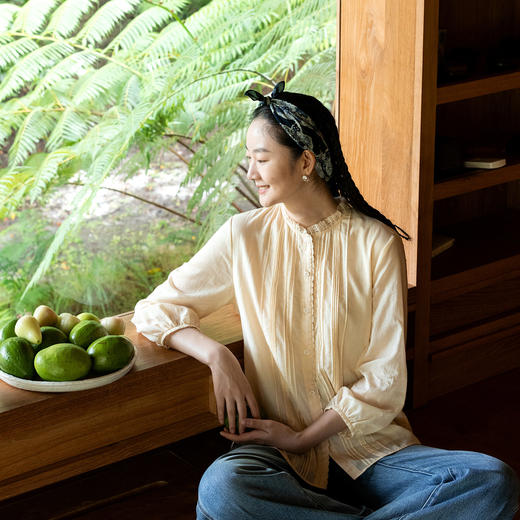 牧衣游原创 100支新疆长绒棉炒色打条衬衫七分袖文艺衬衣 川上织 商品图0