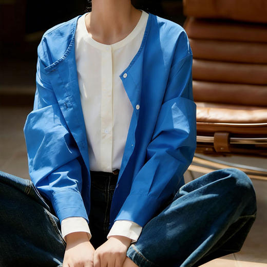 【3-7天发货】LONGNVFAIR克莱因蓝撞色假两件拼接衬衫开衫  通勤懒人福音 能让你在人群中一秒脱颖而出的宝藏单品 商品图1