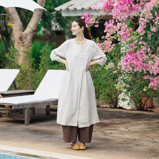 绽放148朵/麻序*亚麻圆领双排扣七分袖连衣裙女松弛感叠穿棉麻裙 商品图3