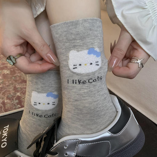 4双一组！春夏季可爱kt猫咪中筒棉质女袜韩版少女风百搭纯色长袜 商品图2