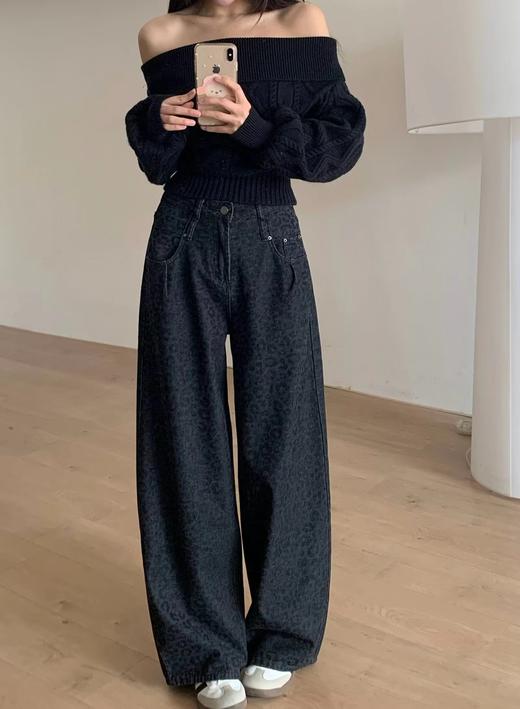 F030680做旧黑灰色高腰设计豹纹慵懒阔腿牛仔裤 商品图2