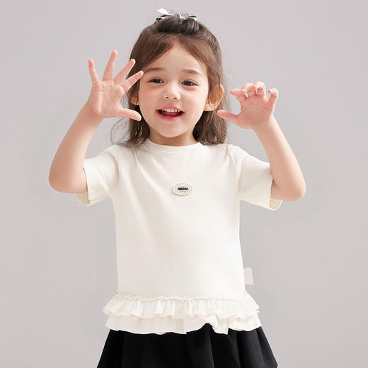 笛莎/Deesha 【松饼熊】2026年夏季新款女童甜美设计感拼接木耳边短袖T恤 商品图3