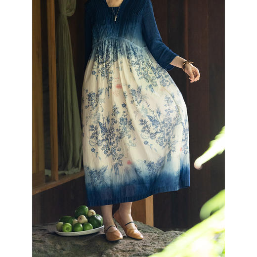 艺术家联名款 牧衣游原创吊蓝染手绘印花连衣裙纯棉禅意古朴 欣化 商品图3