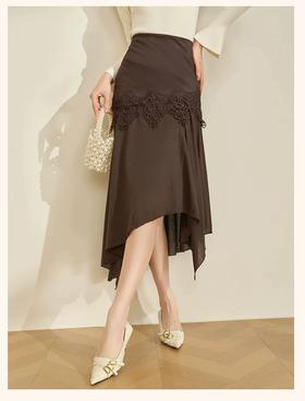 法式蕾丝拼接针织不规则下摆半身裙女2026季新款通勤裙s-xl