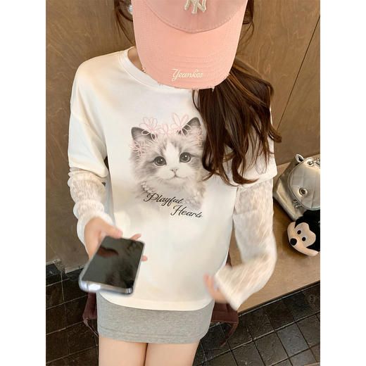 <曾小咸推荐>韩系假两件猫咪印花长袖t恤女 商品图2
