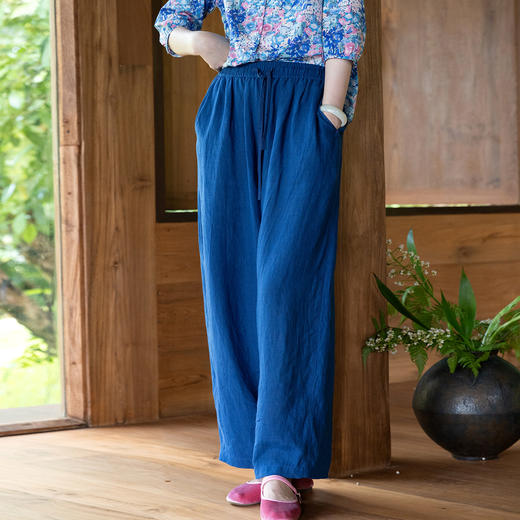 牧衣游原创 汉麻休闲长裤女新款宽松柔软禅意百搭松紧腰长裤 茶午 商品图0