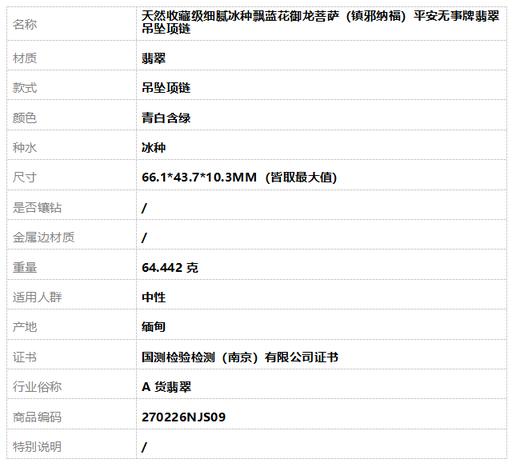 【天然正品】A货翡翠天然收藏级细腻冰种飘蓝花御龙菩萨（镇邪纳福）平安无事牌翡翠吊坠项链 66.1*43.7*10.3MM（皆取最大值）270226NJS09 商品图11