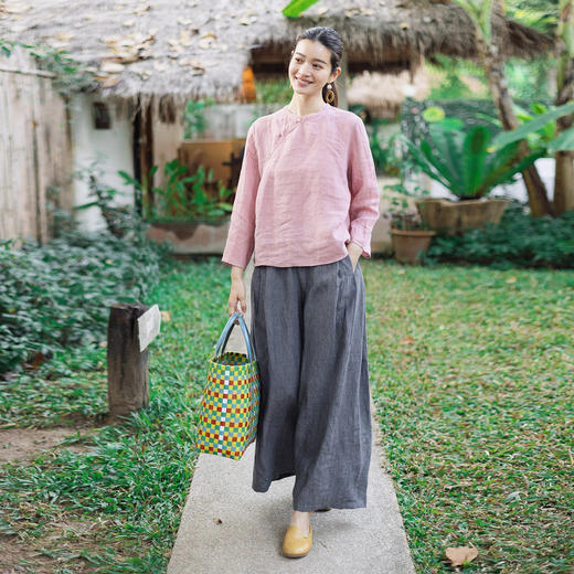 特绽放137朵/春叙*色织亚麻条纹立领斜襟新中式衬衫女春文艺小衫 商品图3