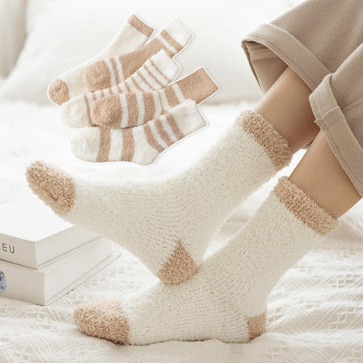 日式无印珊瑚袜子女加厚保暖地板袜良品秋冬中筒袜女士加绒月子袜 商品图3
