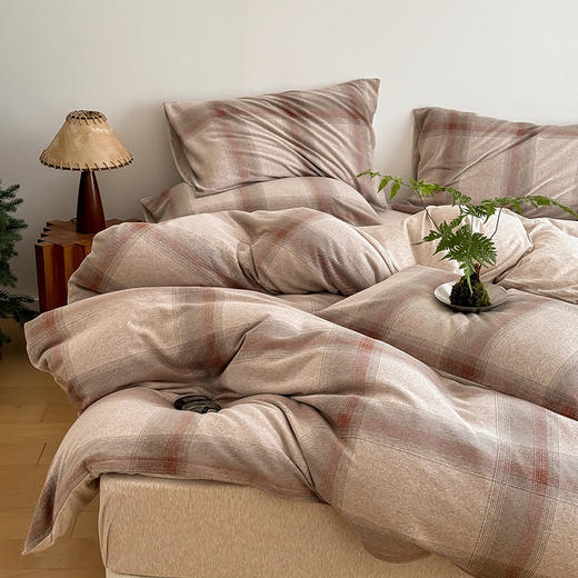 日式无印全棉针织棉四件套良品提花格子天竺棉床品件套提花针织 商品图2