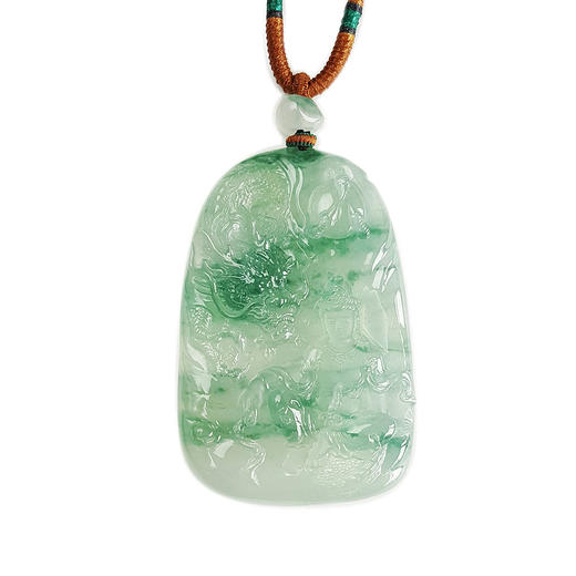 【天然正品】A货翡翠天然收藏级细腻冰种飘蓝花御龙菩萨（镇邪纳福）平安无事牌翡翠吊坠项链 66.1*43.7*10.3MM（皆取最大值）270226NJS09 商品图0