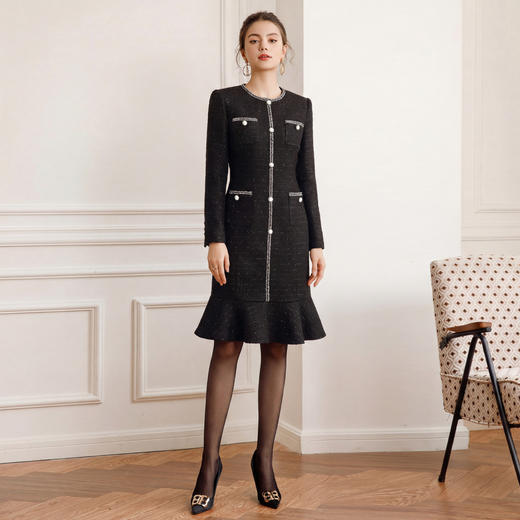 IWY/小香风黑色连衣裙女气质优雅珍珠扣职业长裙法式复古西装裙J25Q223 商品图0
