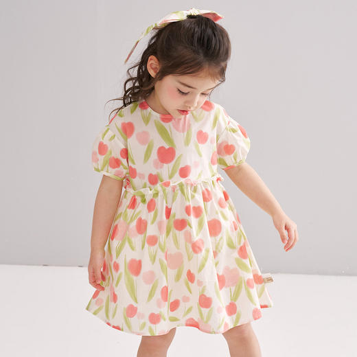笛莎/Deesha 【松饼熊】2026年夏季新款女童泡泡袖水彩风花朵印花棉布连衣裙 商品图2
