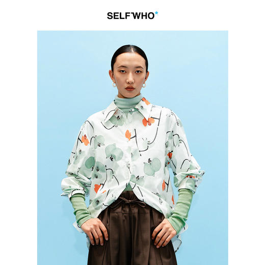 SELFWHO棉混纺满印兰花图案衬衫女2026春季新款宽松落肩上衣 商品图3