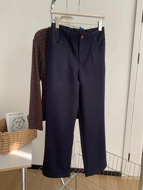 F030675深蓝色窄版牛仔裤烟管裤气质老钱风普洗蓝高腰直筒休闲裤