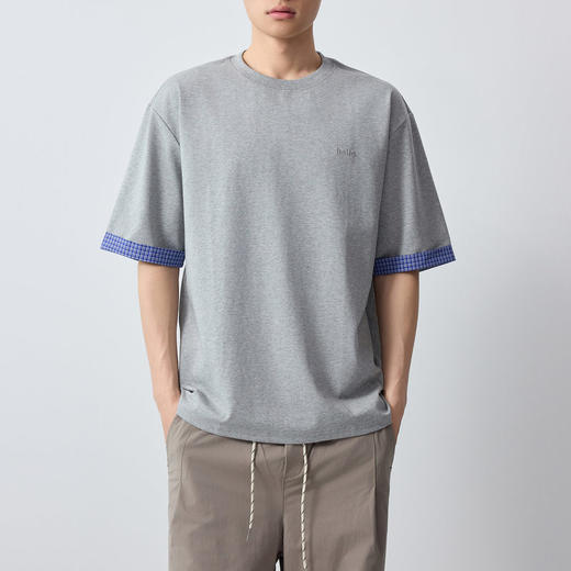 墨麦客男装高智通勤圆领男士t恤2026春新款格子袖口短袖男75181. 商品图1