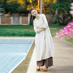 绽放148朵/麻序*亚麻圆领双排扣七分袖连衣裙女松弛感叠穿棉麻裙