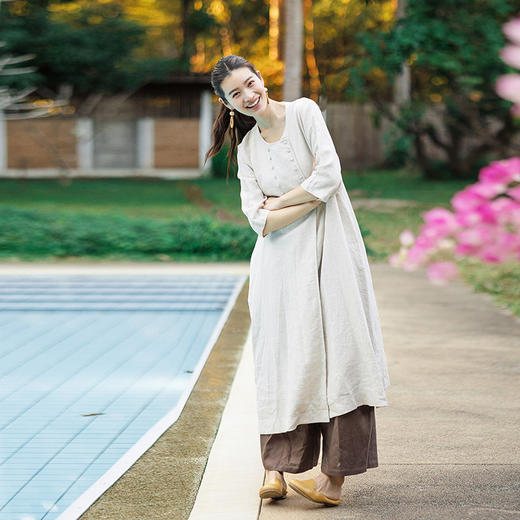 绽放148朵/麻序*亚麻圆领双排扣七分袖连衣裙女松弛感叠穿棉麻裙 商品图0